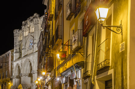 CUENCA, SPAIN - MARCH 28, 2015: Night view of the Plaza Mayor in Cuenca, Castilla La Mancha, Spain, decorated for Holy Weekのeditorial素材