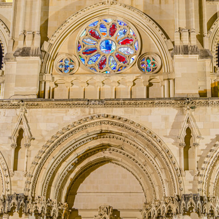 Night view of the Gothic Cathedral of Saint Mary and Saint Julian. It is a Catholic cathedral in the town of Cuenca, Castilla La Mancha, Spainの写真素材