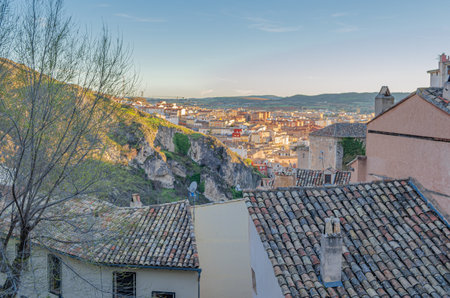 Panoramic view of the Huecar Gorge with the town of Cuenca, Castilla la Mancha, Spainの写真素材