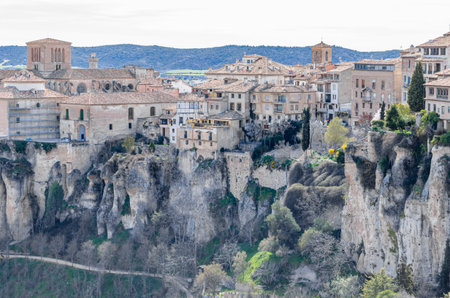 Panoramic view of the Huecar Gorge with the town of Cuenca, Castilla la Mancha, Spainの写真素材