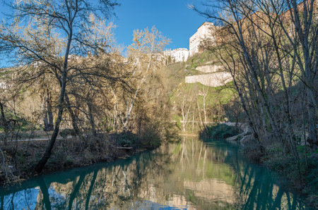 View of the town of Cuenca, Castilla la Mancha, Spain, from the banks of the Jucar Riverの写真素材