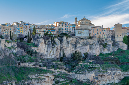 Panoramic view of the Huecar Gorge with the town of Cuenca, Castilla la Mancha, Spainの写真素材