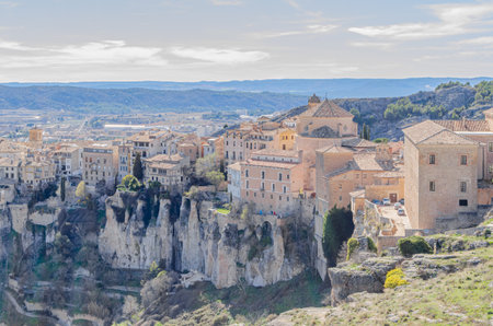 Panoramic view of the Huecar Gorge with the town of Cuenca, Castilla la Mancha, Spainの写真素材