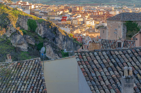 Panoramic view of the Huecar Gorge with the town of Cuenca, Castilla la Mancha, Spainの写真素材