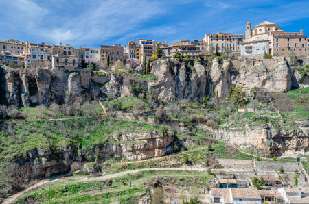 Panoramic view of the Huecar Gorge with the town of Cuenca, Castilla la Mancha, Spainの写真素材
