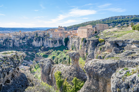 Panoramic view of the Huecar Gorge with the town of Cuenca, Castilla la Mancha, Spainの写真素材