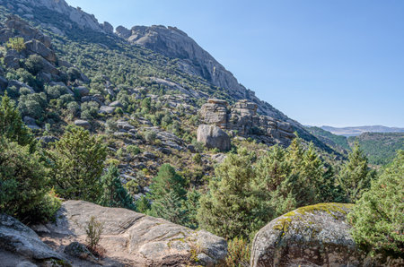 Landscape in La Pedriza, a large granite batholith in the Guadarrama Mountains, Community of Madrid,...