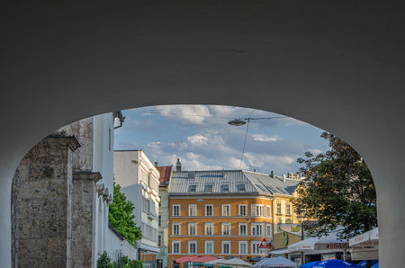 INNSBRUCK, AUSTRIA - JULY 11, 2015: View of streets and typical Tyrolean architecture in Innsbruck, Austriaのeditorial素材