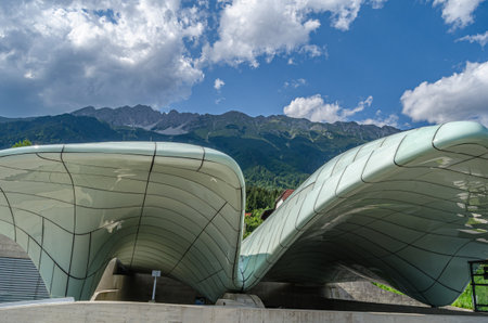 INNSBRUCK, AUSTRIA - JULY 11, 2015: Modern Hungerburg station, terminus for the Hungerburgbahn funicular railway in Innsbruck, Austria, designed by architect Zaha Hadid, built by Leitner AG, opened in 2007のeditorial素材
