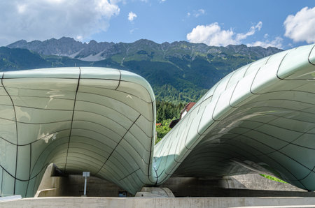 INNSBRUCK, AUSTRIA - JULY 11, 2015: Modern Hungerburg station, terminus for the Hungerburgbahn funicular railway in Innsbruck, Austria, designed by architect Zaha Hadid, built by Leitner AG, opened in 2007のeditorial素材