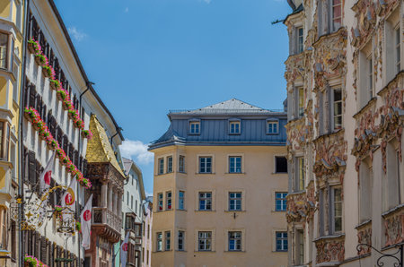 INNSBRUCK, AUSTRIA - JULY 11, 2015: View of streets and typical Tyrolean architecture in Innsbruck, Austriaのeditorial素材