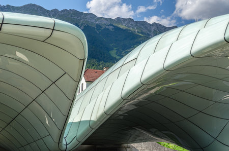 INNSBRUCK, AUSTRIA - JULY 11, 2015: Modern Hungerburg station, terminus for the Hungerburgbahn funicular railway in Innsbruck, Austria, designed by architect Zaha Hadid, built by Leitner AG, opened in 2007のeditorial素材