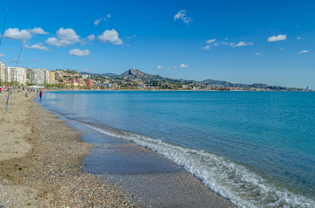 MALAGA, SPAIN - JANUARY 26, 2020: View of La Malagueta beach, a very popular urban beach in the center of Malaga, Spainのeditorial素材