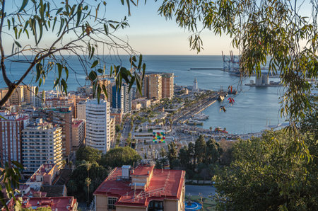MALAGA, SPAIN - JANUARY 26, 2020: Aerial view of Malaga, Spain, from Mount Gibralfaro. View of Muelle Uno, an open-air shopping center and pier located in the port of Malagaのeditorial素材