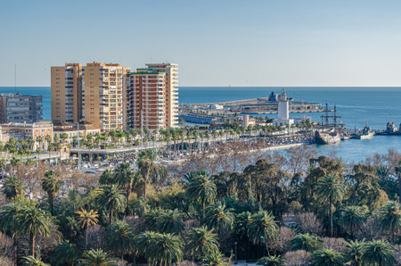 MALAGA, SPAIN - JANUARY 26, 2020: Aerial view of Malaga, Spain, from Mount Gibralfaro. View of Muelle Uno, an open-air shopping center and pier located in the port of Malagaのeditorial素材