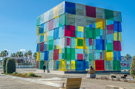 MALAGA, SPAIN - JANUARY 26, 2020: The Centre Pompidou Malaga, part of the National Center of Art and Culture Georges Pompidou of France, located in the space called El Cubo (The Cube) in Malaga, Spain, inaugurated in 2015のeditorial素材