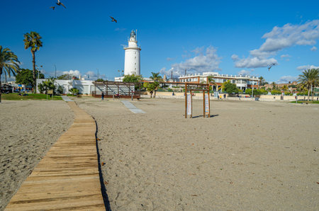 MALAGA, SPAIN - JANUARY 26, 2020: View of La Malagueta beach, a very popular urban beach in the center of Malaga, Spainのeditorial素材