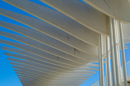 MALAGA, SPAIN - JANUARY 27, 2020: Modern architecture, detail of the pergola of the Palmeral de las Sorpresas (palm grove of surprises), a modern port promenade in Malaga, Spain, inaugurated in 2011のeditorial素材