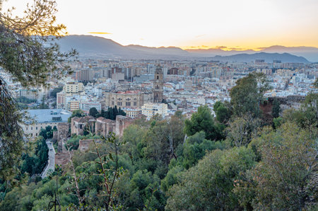 Aerial view of the old town of Malaga, Spain, from Mount Gibralfaroの写真素材