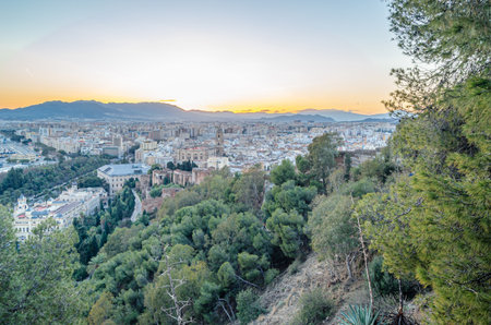 Aerial view of the old town of Malaga, Spain, from Mount Gibralfaroの写真素材