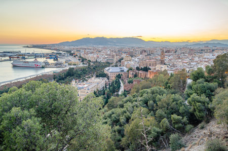MALAGA, SPAIN - JANUARY 26, 2020: Aerial view of the old town of Malaga, Spain, from Mount Gibralfaroのeditorial素材