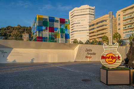 MALAGA, SPAIN - JANUARY 28, 2020: Hard Rock Cafe Malaga logo, located next to the Center Pompidou Malaga, at Muelle Uno, an open-air complex with shops and restaurants next to the seafront promenade. The Center Pompidou Malaga is part of the National Centのeditorial素材