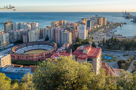 MALAGA, SPAIN - JANUARY 26, 2020: Aerial view of Malaga, Spain, from Mount Gibralfaro. View of La Malagueta, a central coastal district, with the Plaza de Toros (bullring), a Neo-Mudejar building, in the foregroundのeditorial素材