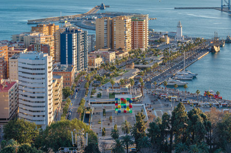MALAGA, SPAIN - JANUARY 26, 2020: Aerial view of Malaga, Spain, from Mount Gibralfaro. View of Muelle Uno, an open-air shopping center and pier located in the port of Malagaのeditorial素材