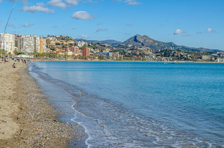 MALAGA, SPAIN - JANUARY 26, 2020: View of La Malagueta beach, a very popular urban beach in the center of Malaga, Spainのeditorial素材