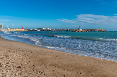 VILLAJOYOSA (LA VILA JOIOSA), SPAIN - JANUARY 20, 2023: View of the fishing port of Villajoyosa, Alicante province, Valencian Community, Spainのeditorial素材