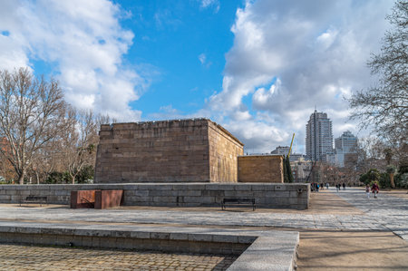MADRID, SPAIN - FEBRUARY 10, 2023: View of Plaza de Espana from the Temple of Debod, ancient Nubian...