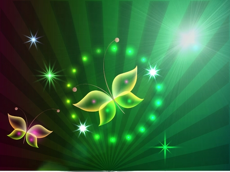Glowing background with magic  butterflies and sparkling starsの写真素材