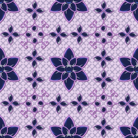 Beautiful design with jewelry on purple background.Seamless pattern with floral design. Regular texture with diamond and glass flowers.の写真素材