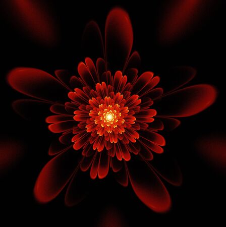 Original 3D rendering fractal pattern. Digital fractal art. Dark abstract background for design, site design - raster illustration. Ornate petals of unusual flower.の写真素材