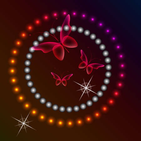 Glowing flying butterflies in a circle. Transparent reflective background for graphic design. Neon picture.の写真素材