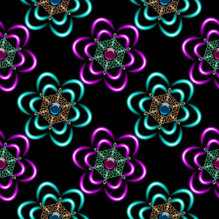 Neon shapes decorated with colored plasma. Seamless vibrant pattern on a black background. Texture for wider use. Graphic design.Dark texture with vibrant shapes.の写真素材