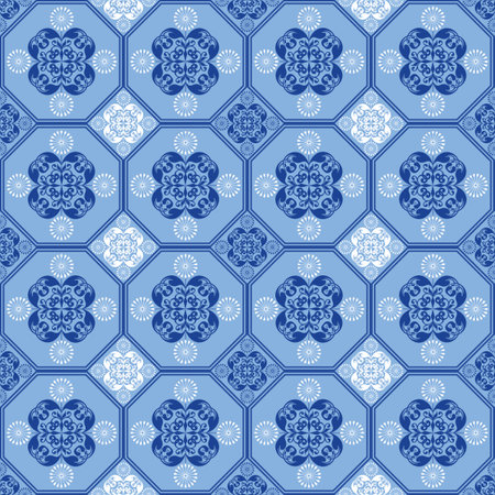Blue-white abstract pattern as a background for printing. Regular seamless pattern with different shapes. Repeating texture.の写真素材