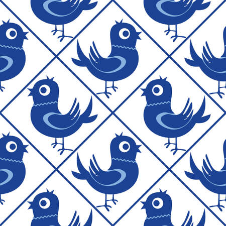 Cartoon seamless background in blue and white for kids. Seamless texture tile with vintage motives. Cheerful regular pattern for children with birds. Blue and white design for printing.の写真素材