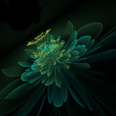 A fantastic image of a rendered fractal flower on a dark background. Original background for your graphic design. Neon glowing flower.の写真素材
