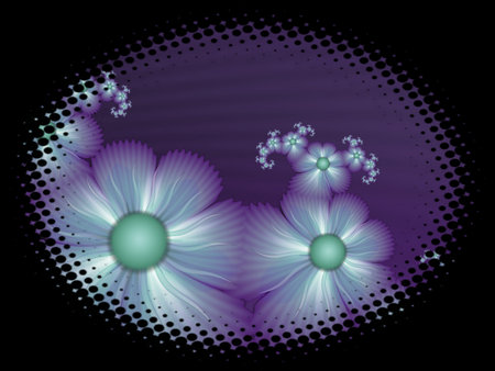 Fractal image in an oval frame with flowers on a dark background..Template with place for inserting your text.Multicolor flowers.の写真素材