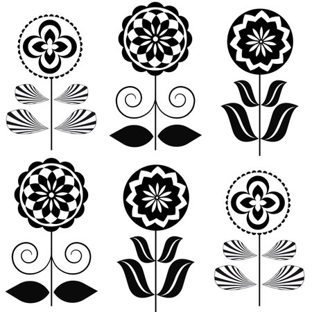 Set graphic design with abstract flowers. Black and white floral as seamless pattern. Abstract background for textile design, surface textures, wrapping paper.の写真素材