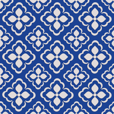 Blue white floral seamless background with flowers. Abstract, repeating regular pattern for print. Graphic design with regular shapes.の写真素材