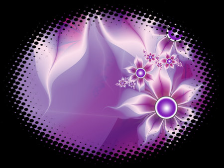 Fractal image in an oval frame with flowers on a dark background..Template with place for inserting your text.Multicolor flowers.の写真素材