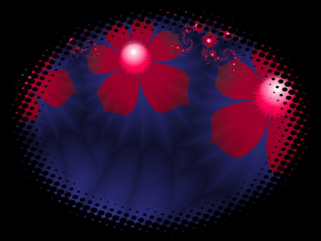 Fractal image in an oval frame with flowers on a dark background..Template with place for inserting your text.Multicolor flowers.の写真素材