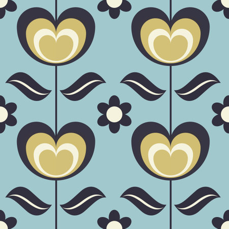 Blue white floral seamless background with flowers. Abstract, repeating regular pattern for print. Graphic design with regular shapes.の写真素材