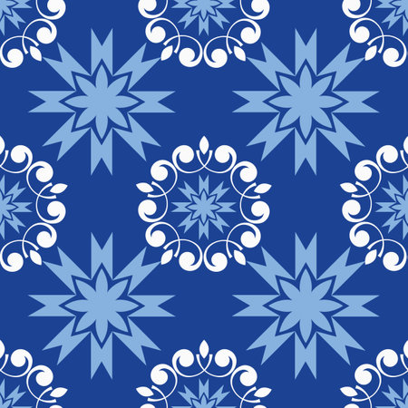 Blue white seamless background with flowers. Abstract, repeating regular pattern for print. Graphic design with regular shapes.の写真素材