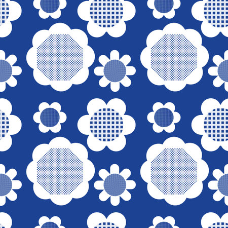 Blue white seamless background with flowers. Abstract, repeating regular pattern for print. Graphic design with regular shapes.の写真素材