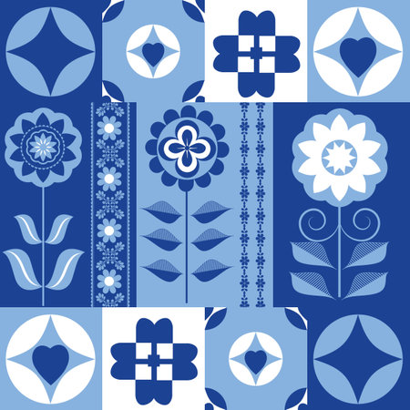 Blue and white flowers as seamless pattern. Abstract background for textile design, surface textures, wrapping paper. Set of flowers.の写真素材