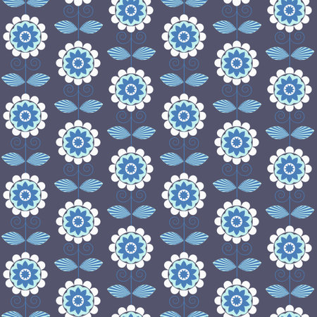 Blue white floral seamless background with flowers. Abstract, repeating regular pattern for print. Graphic design with regular shapes.の写真素材