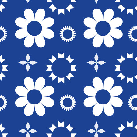 Blue white seamless background with flowers. Abstract, repeating regular pattern for print. Graphic design with regular shapes.の写真素材